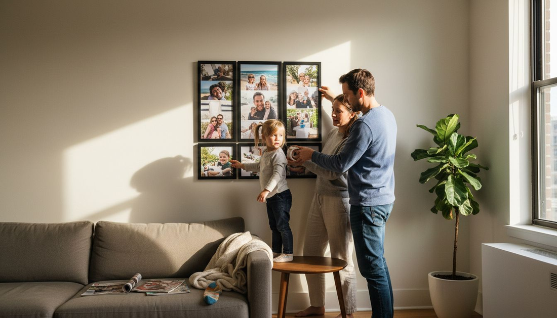 Family assembling photo collage on living room wall