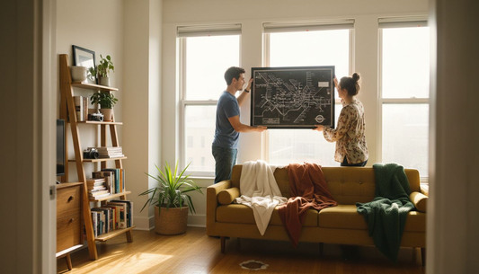 Couple hangs custom wall art in apartment