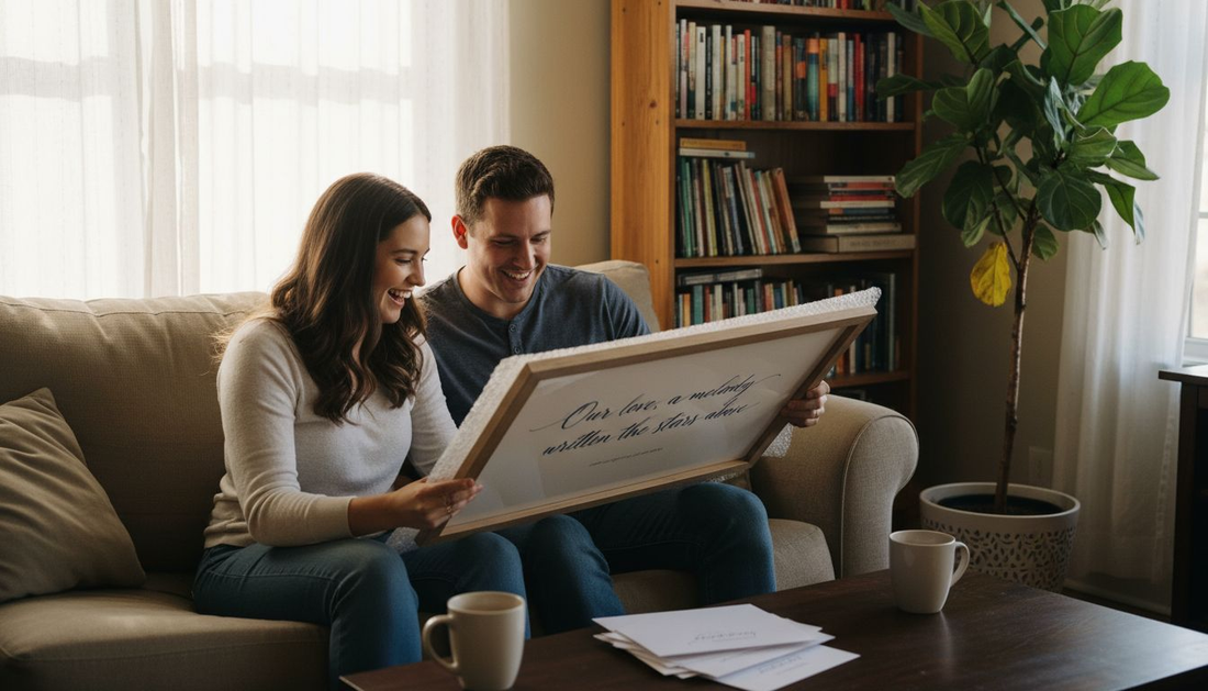 Couple unwrapping custom art wedding gift