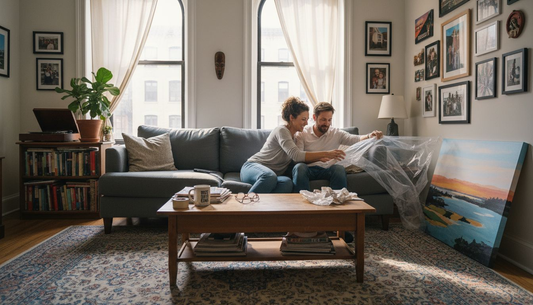 Couple unboxing custom art in city apartment