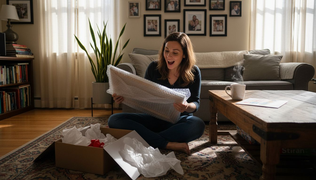 Unwrapping personalized framed art gift at home