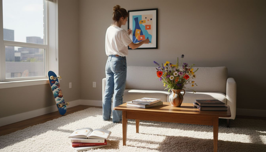 Woman hanging custom print in living room
