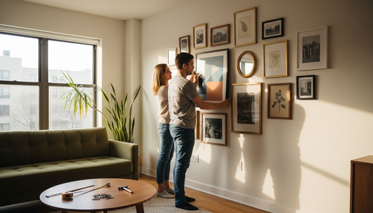 Couple curating their home art wall
