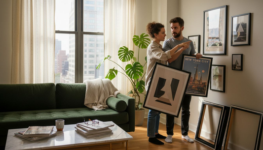 Couple arranging wall posters in living room