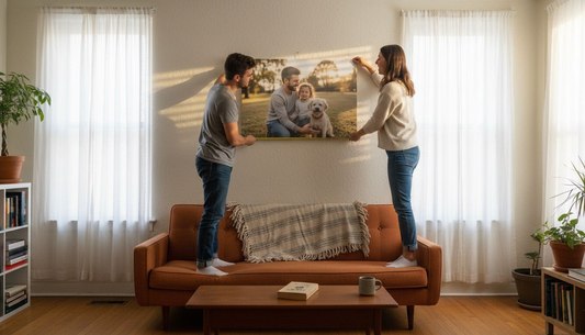 Couple hanging personalized canvas in living room