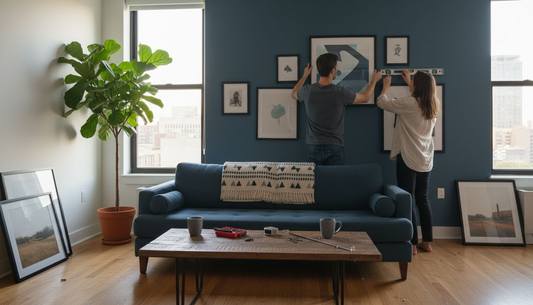 Couple arranging personalized wall art in home