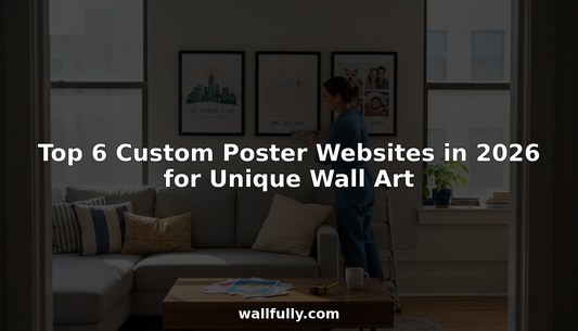 Woman arranging custom posters on apartment wall