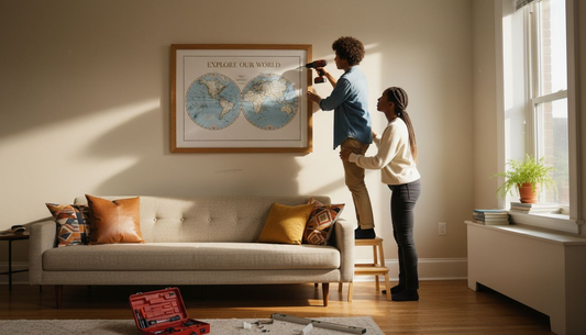 Couple hanging large map art in living room