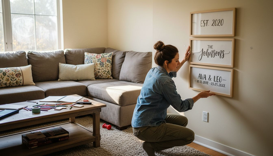Woman hanging personalized art in cozy living room