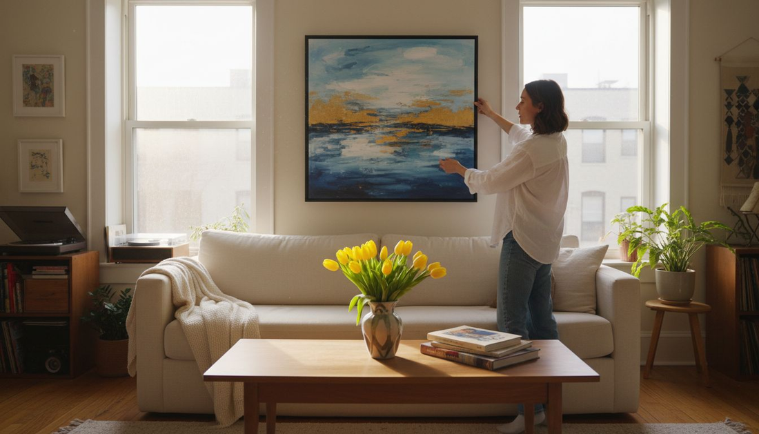 Woman hanging art in sunny apartment