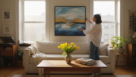 Woman hanging art in sunny apartment