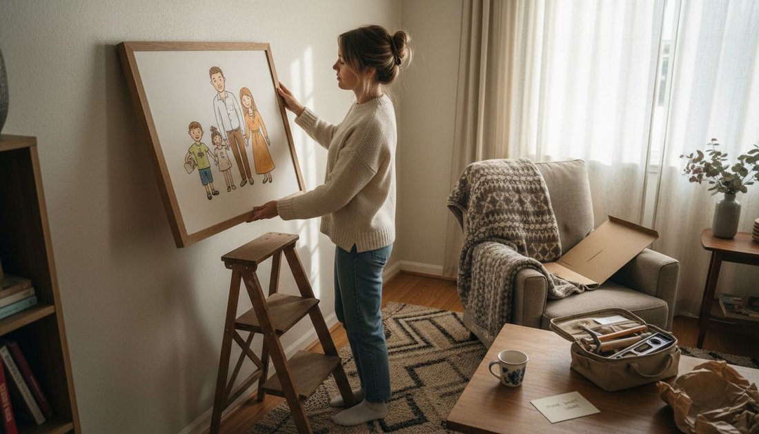 Woman hanging personalized framed family art