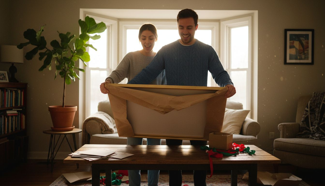 Couple unwraps wall art gift together