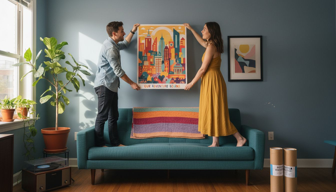Couple hanging custom poster in colorful living room