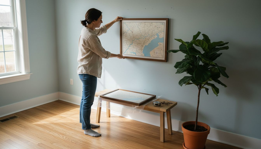 Woman hanging custom map print in living room