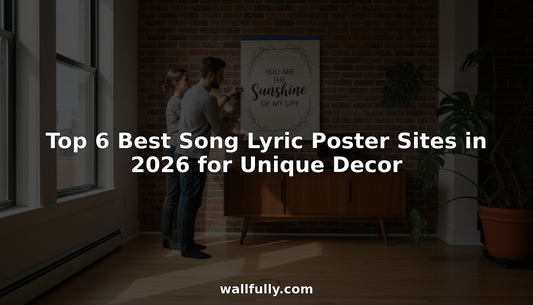 Couple hanging custom song lyric poster at home