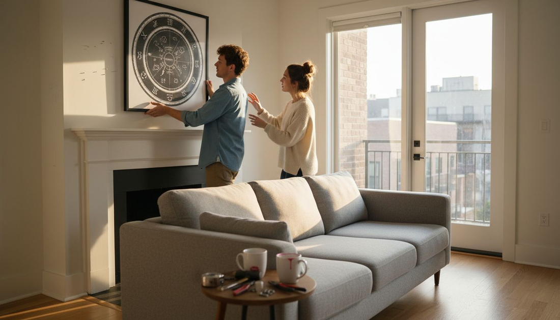 Couple hanging zodiac art in living room