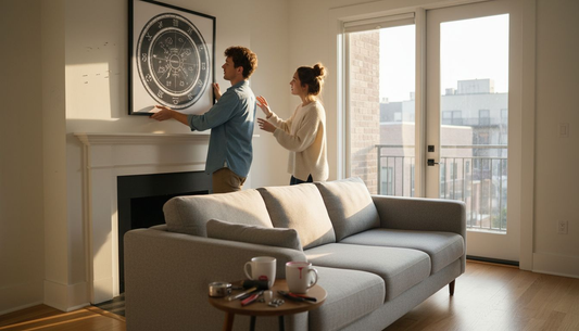 Couple hanging zodiac art in living room