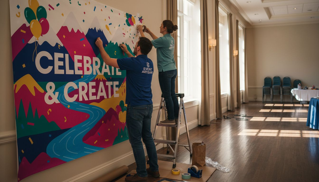 Team installing mural in hotel ballroom