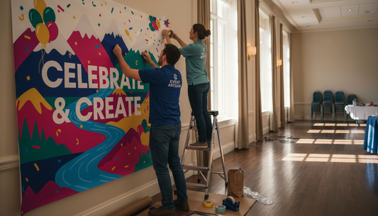 Team installing mural in hotel ballroom