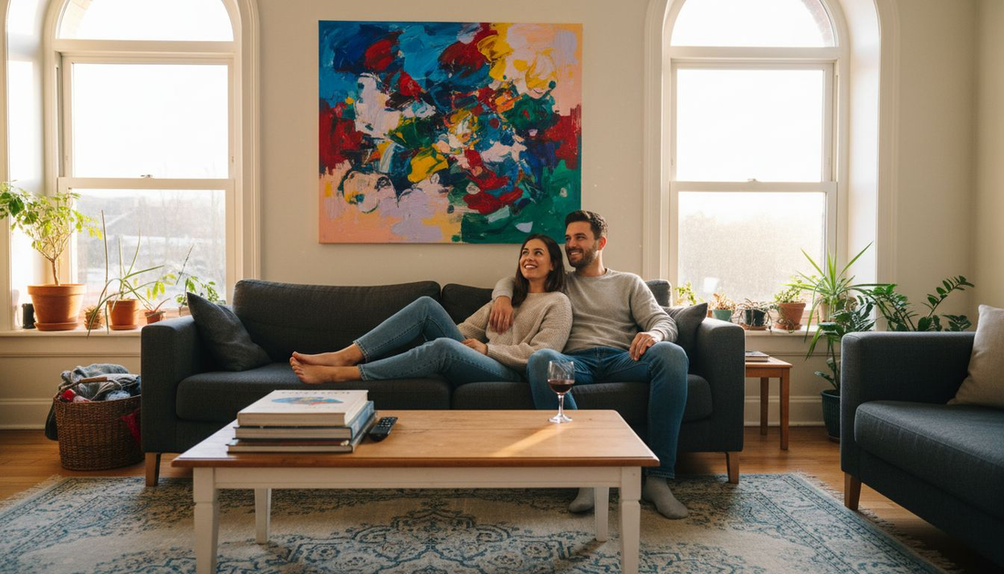 Couple admiring unique wall art at home