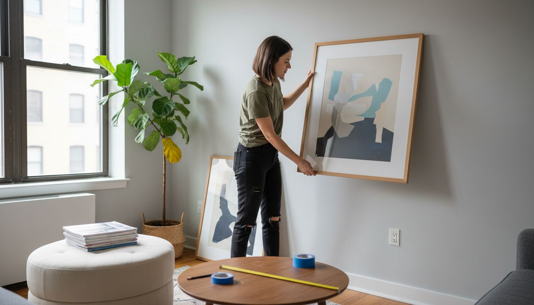 Woman hanging custom print on living room wall