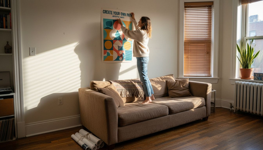 Woman hanging vibrant poster on cozy home wall