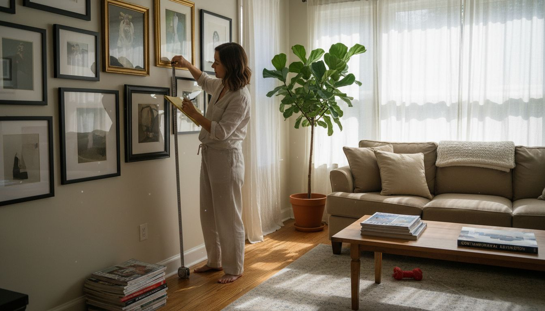 Woman measuring wall space for art