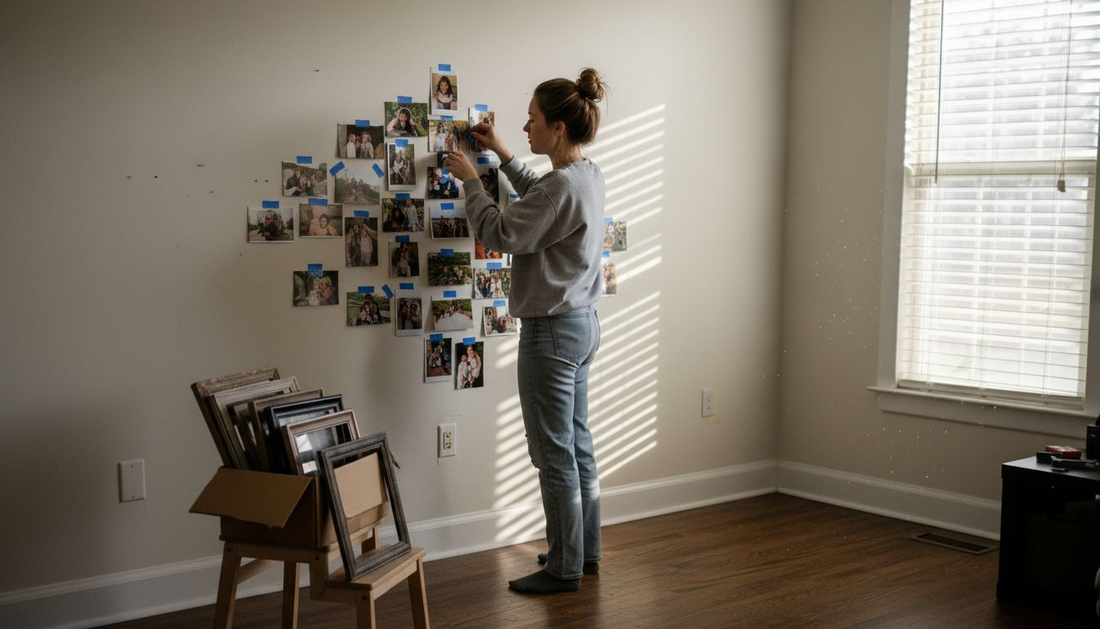 Woman arranging family photo collage on wall