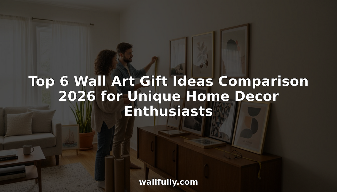 Couple choosing unique wall art gifts in bright home