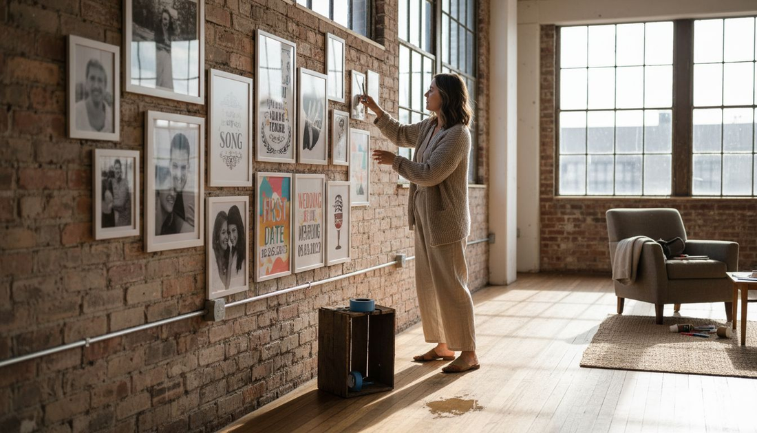 Planner arranges creative event wall decor in loft