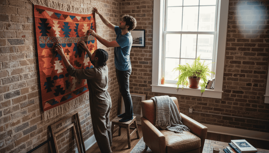 Couple hanging handmade tapestry in bright apartment