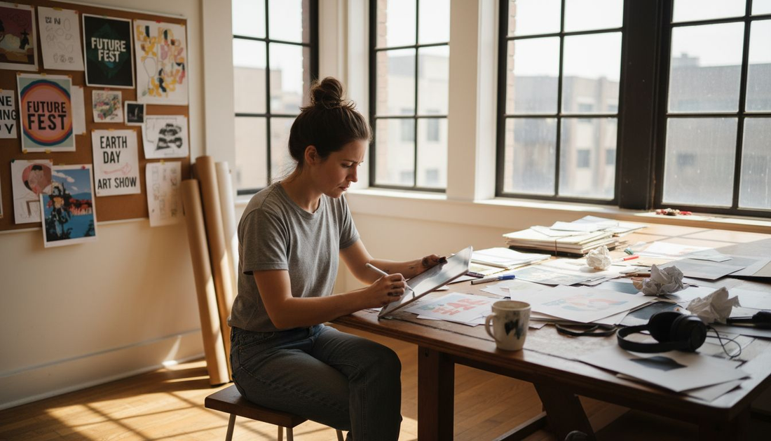 Designer sketching custom poster in studio