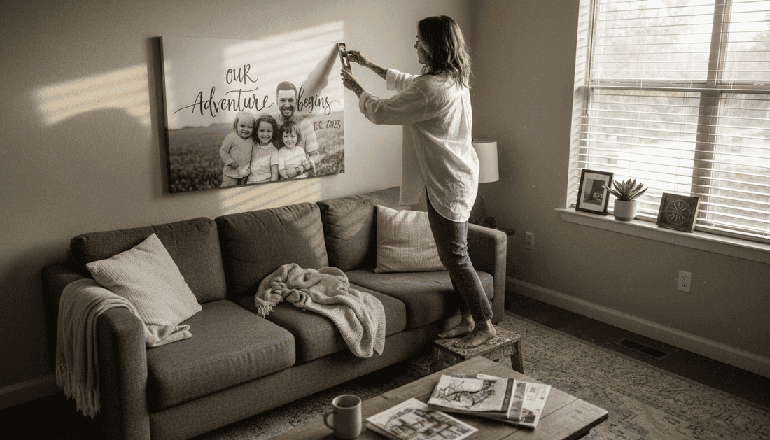 Woman hanging custom art in apartment