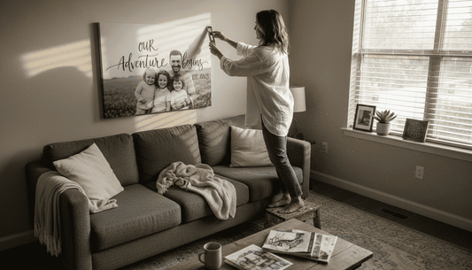 Woman hanging custom art in apartment