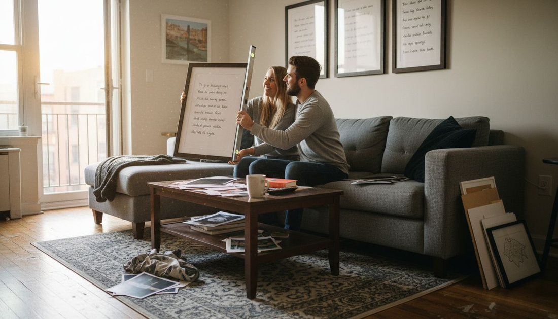 Couple arranging personalized wall art at home
