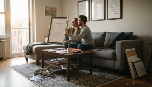 Couple arranging personalized wall art at home