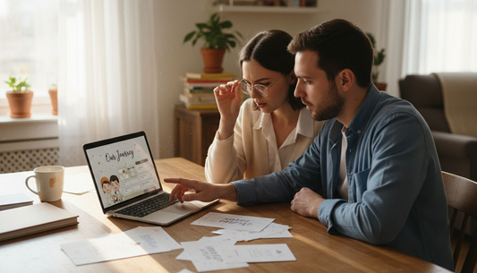 Couple reviewing wedding art preview