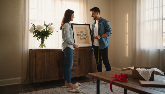 Couple hanging custom print in living room