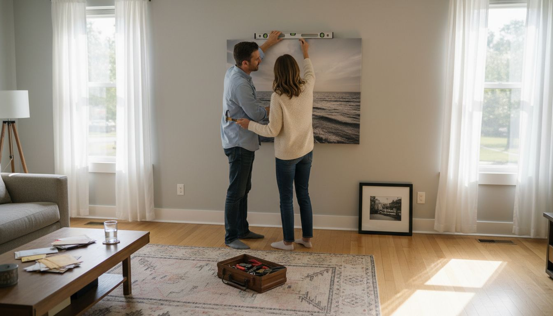Couple hanging canvas art in living room