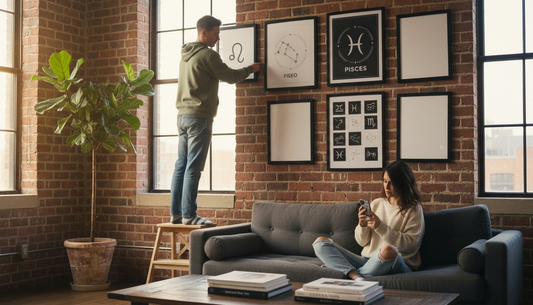 Couple arranging zodiac wall art in living room