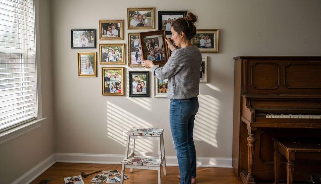 Mother assembling wall photo collage in living room