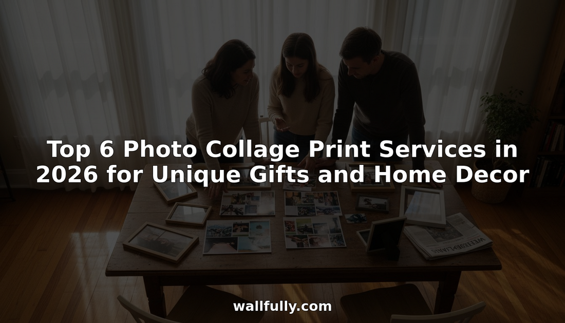 Family choosing photo collage prints at home