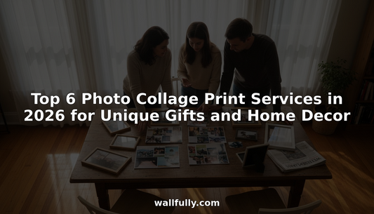 Family choosing photo collage prints at home