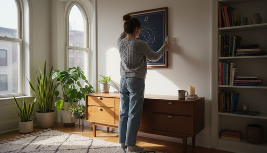 Woman hangs zodiac print in city apartment