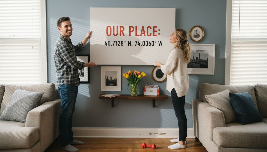 Couple hangs personalized wall art in living room