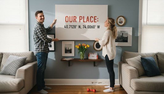 Couple hangs personalized wall art in living room
