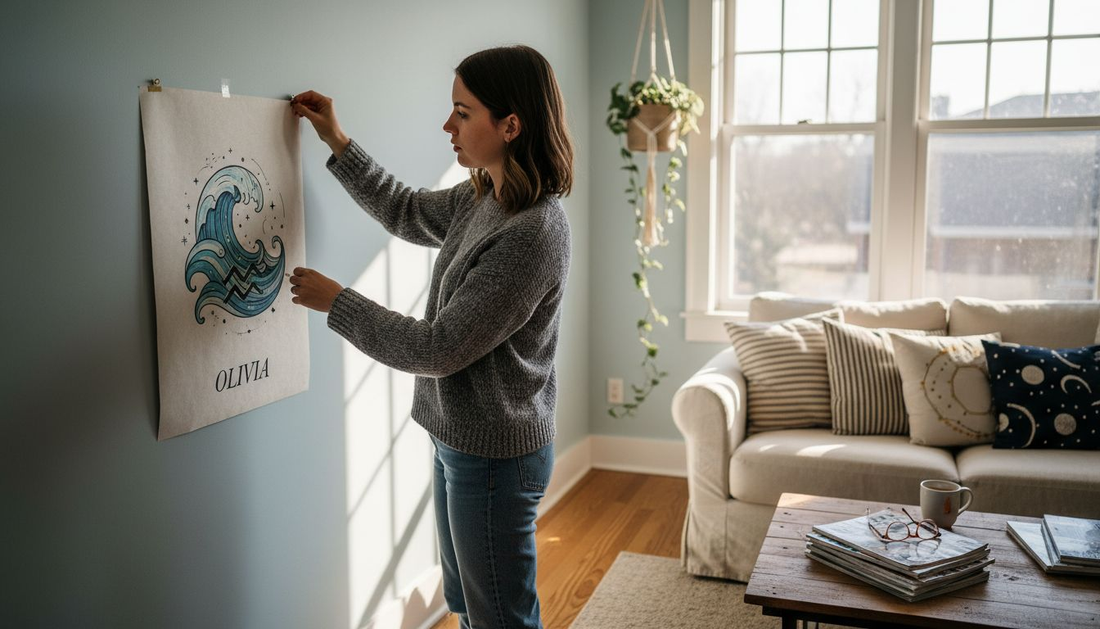 Woman hanging zodiac poster in living room