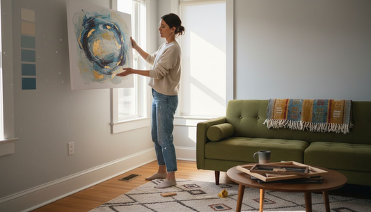 Woman choosing canvas art for living room