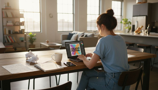 Person designing custom poster at home table